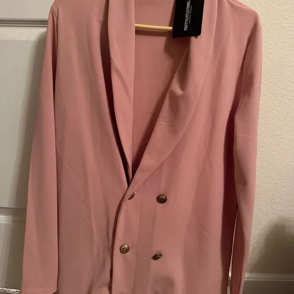 pink blazer dress pretty little thing boohoo Women's Buckle Detail Tie Waist Tailored Blazer Dress in Pastel Pink | Size: 10